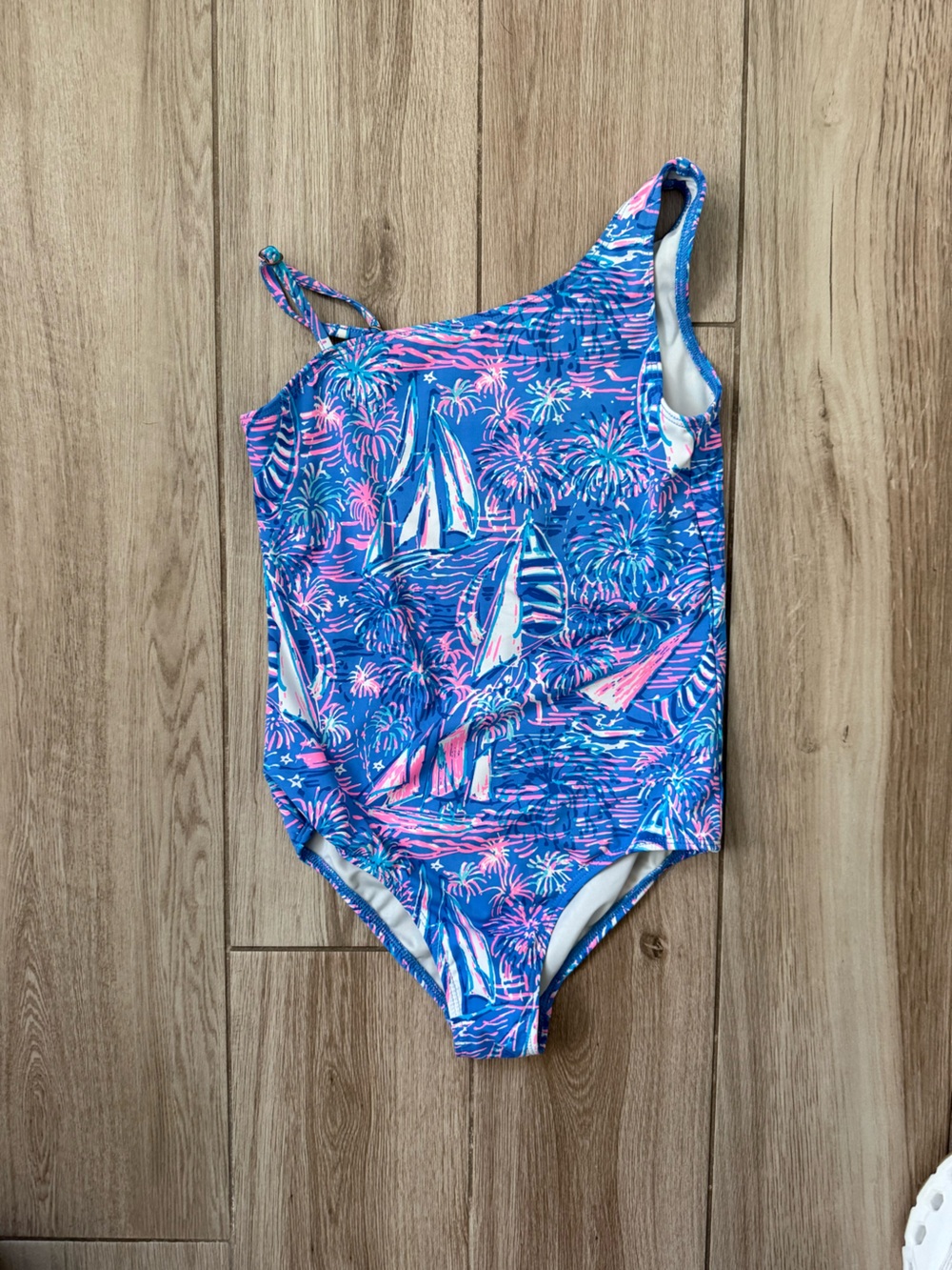 Lilly Pulitzer Girls Size 7 One Shoulder Swimsuit Blue Pink Tropical Print